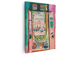 Artaza Canvas Schilderij Henri Matisse Schildert een Uitzicht op Boten door een Open Raam met Bloemen - 80x100 cm - Groot - Wanddecoratie Woonkamer - Schilderijen - Muurdecoratie
