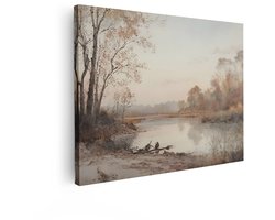 Artaza Canvas Schilderij Herfstlandschap - 40x30 cm - Wanddecoratie Vogels Bij Water - Muurdecoratie Natuur - Kamer Accessoires Japandi