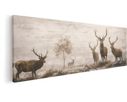 Artaza Canvas Schilderij Herten In Mistig Natuur - Landelijke Sfeer - 90x30 cm - Wanddecoratie Woonkamer - Schilderijen - Muurdecoratie