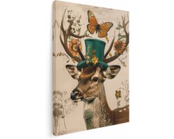 Artaza Canvas Schilderij Herten met Hoge Hoed en Vlinders - 30x40 cm - Klein - Wanddecoratie Woonkamer - Schilderijen - Muurdecoratie
