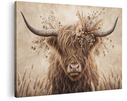 Artaza Canvas Schilderij Highlander Met Bloemen - Landelijk Portret In Beige Bruin - 30x20 cm - Klein - Wanddecoratie Woonkamer - Schilderijen - Muurdecoratie