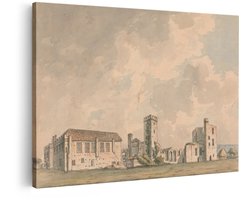 Artaza Canvas Schilderij Historische Kasteelruïne met Toren en Gebouwen onder een Bewolkte Hemel - 30x20 cm - Klein - Wanddecoratie Woonkamer - Schilderijen - Muurdecoratie