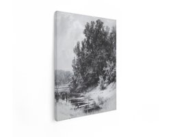 Artaza Canvas Schilderij Houtskooltekening van een Serene Bosstroom met Hoge Bomen en een Bewolkte Lucht - 30x40 cm - Klein - Wanddecoratie Woonkamer - Schilderijen - Muurdecoratie