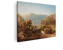Artaza Canvas Schilderij Idyllisch Berglandschap met meer - Hut en Vissende Figuren in de Herfst - 80x60 cm - Wanddecoratie Woonkamer - Schilderijen - Muurdecoratie