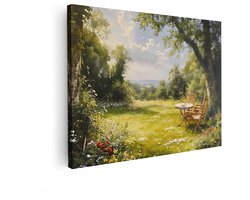 Artaza Canvas Schilderij Idyllische Tuin met twee Stoelen en een Tafel onder een Boom - 40x30 cm - Klein - Wanddecoratie Woonkamer - Schilderijen - Muurdecoratie