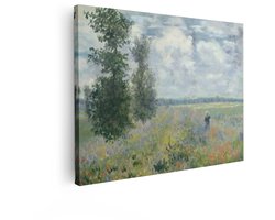 Artaza Canvas Schilderij Impressionistisch Schilderij van een Bloemenveld met Bomen en een Figuur in de Verte - 40x30 cm - Klein - Wanddecoratie Woonkamer - Schilderijen - Muurdecoratie