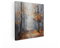 Artaza Canvas Schilderij Impressionistische Boswandeling met Herfstbladeren en Mistige Sfeer - 90x90 cm - Groot - Wanddecoratie Woonkamer - Schilderijen - Muurdecoratie