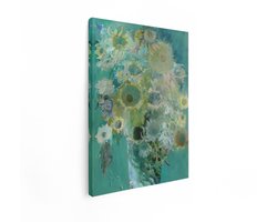 Artaza Canvas Schilderij Impressionistische Schilderij van Zonnebloemen in een Vaas met een Turquoise Achtergrond - 30x40 cm - Klein - Wanddecoratie Woonkamer - Schilderijen - Muurdecoratie