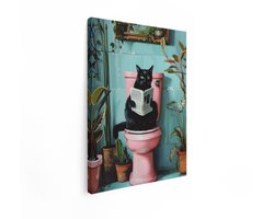 Artaza Canvas Schilderij Kat Op Toilet - 30x40 cm - Wanddecoratie Wc - Muurdecoratie Badkamer - Decoratie Zwarte Kat - Roze