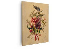 Artaza Canvas Schilderij Klassiek Bloemstilleven met Roze en Rode Bloemen en Groen Gebladerte - 80x100 cm - Groot - Wanddecoratie Woonkamer - Schilderijen - Muurdecoratie