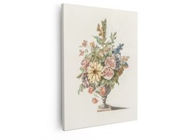 Artaza Canvas Schilderij Klassiek Bloemstuk in Antieke Vaas - Gedetailleerde Botanische Illustratie - 40x50 cm - Wanddecoratie Woonkamer - Schilderijen - Muurdecoratie