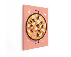 Artaza Canvas Schilderij Kleurrijke Illustratie van een Paella met Zeevruchten in een Pan - Klaar Om Te Serveren - 90x120 cm - Groot - Wanddecoratie Woonkamer - Schilderijen - Muurdecoratie