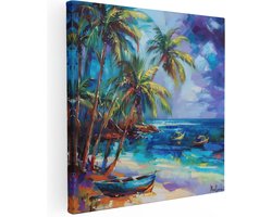 Artaza Canvas Schilderij Kunstwerk van een Strand met Boten en Palmbomen - 30x30 cm - Klein - Wanddecoratie Woonkamer - Schilderijen - Muurdecoratie