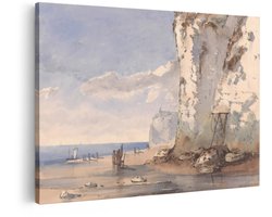 Artaza Canvas Schilderij Kustlandschap met Kliffen - Vissers en een Boot op Zee - 120x80 cm - Groot - Wanddecoratie Woonkamer - Schilderijen - Muurdecoratie