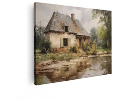 Artaza Canvas Schilderij Landschap - 40x30 cm - Wanddecoratie Landelijk - Muurdecoratie Oud Huisje aan Water - Kamer Accessoires Natuur