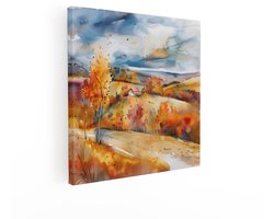Artaza Canvas Schilderij Landschap Aquarel - 40x40 cm - Wanddecoratie Herfst Bomen - Muurdecoratie Natuur - Kamer Accessoires Woonkamer