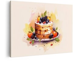 Artaza Canvas Schilderij Lekkere Taart met Vers Fruit en Bessen - Geschilderd in Aquarel - 90x60 cm - Wanddecoratie Woonkamer - Schilderijen - Muurdecoratie