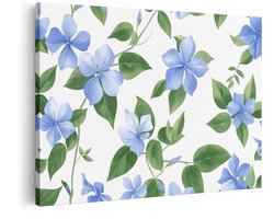 Artaza Canvas Schilderij Lichtblauwe Bloemen met Groene Bladeren op een Witte Achtergrond - een Patroon - 90x60 cm - Wanddecoratie Woonkamer - Schilderijen - Muurdecoratie