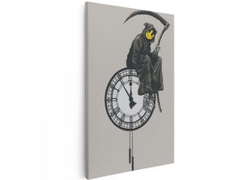 Artaza Canvas Schilderij Magere Hein - 100x150 cm - Groot - Wanddecoratie Banksy - Muurdecoratie Big Ben Klok - Decoratie Zwart Wit