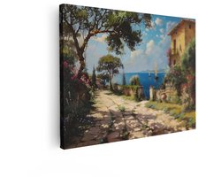 Artaza Canvas Schilderij Mediterrane Kustweg - 120x90 cm - Wanddecoratie Zee - Muurdecoratie Zeilboten - Decoratie Woonkamer Landschap