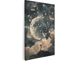 Artaza Canvas Schilderij Meisje Kijkt Omhoog naar de Maan en Sterren - 40x60 cm - Wanddecoratie Woonkamer - Schilderijen - Muurdecoratie