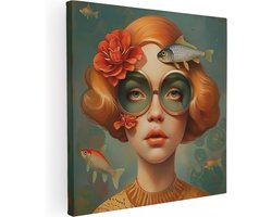 Artaza Canvas Schilderij Meisje met een Vis op haar Hoofd - Dieren - 50x50 cm - Wanddecoratie Woonkamer - Schilderijen - Muurdecoratie