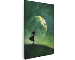 Artaza Canvas Schilderij Meisje met een Vlieger in de Nachtelijke Hemel - 20x30 cm - Klein - Wanddecoratie Woonkamer - Schilderijen - Muurdecoratie