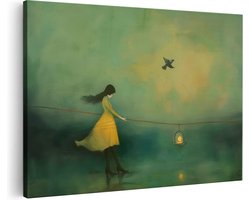 Artaza Canvas Schilderij Meisje met een Vogel en een Lantaarn - 30x20 cm - Klein - Wanddecoratie Woonkamer - Schilderijen - Muurdecoratie