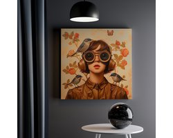 Artaza Canvas Schilderij Meisje met Vogels op haar Hoofd - Dieren - 30x30 cm - Klein - Wanddecoratie Woonkamer - Schilderijen - Muurdecoratie
