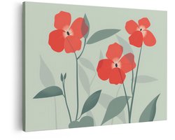 Artaza Canvas Schilderij Minimalistische Rode Bloemen met Groene Bladeren op een Zachte Achtergrond - 30x20 cm - Klein - Wanddecoratie Woonkamer - Schilderijen - Muurdecoratie
