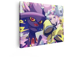 Artaza Canvas Schilderij Mismagius en een Meisje met een Magnemite-Hoofddeksel - Anime Stijl - 40x30 cm - Klein - Wanddecoratie Woonkamer - Schilderijen - Muurdecoratie