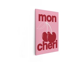 Artaza Canvas Schilderij Mon Chéri: twee Rode Kersen met Bladeren en Tekst op Roze Achtergrond - 20x30 cm - Klein - Wanddecoratie Woonkamer - Schilderijen - Muurdecoratie