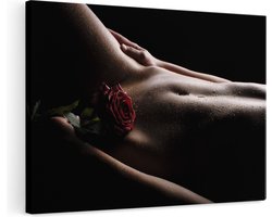 Artaza Canvas Schilderij Naakte Vrouwenlichaam met een Rode Roos - Erotiek - 120x80 cm - Groot - Wanddecoratie Woonkamer - Schilderijen - Muurdecoratie