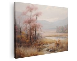 Artaza Canvas Schilderij Natuur - 160x120 cm - Groot - Wanddecoratie Landschap Bergen - Muurdecoratie Vintage Bos - Decoratie Roze Bomen