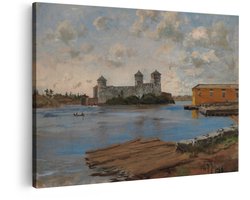 Artaza Canvas Schilderij Olavinlinna Kastelee Järven Rannalla - Maalattu Öljyvärimaalaus - 90x60 cm - Wanddecoratie Woonkamer - Schilderijen - Muurdecoratie