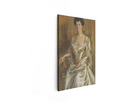 Artaza Canvas Schilderij Portret van een Elegante Vrouw in een Satijnen Jurk met een Waaier - 80x120 cm - Groot - Wanddecoratie Woonkamer - Schilderijen - Muurdecoratie