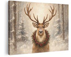 Artaza Canvas Schilderij Rendier Met Kerstkrans - Winterbos - 120x80 cm - Groot - Wanddecoratie Woonkamer - Schilderijen - Muurdecoratie