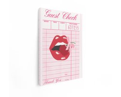 Artaza Canvas Schilderij Rode Lippen met Kers en Strik op Gastenbon - Pop-Art Stijl - 60x80 cm - Wanddecoratie Woonkamer - Schilderijen - Muurdecoratie