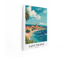 Artaza Canvas Schilderij Saint Tropez - Frankrijk: Zonnige Kustlijn met Boten en Charmante Gebouwen - 30x40 cm - Klein - Wanddecoratie Woonkamer - Schilderijen - Muurdecoratie
