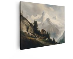 Artaza Canvas Schilderij Schilderachtig Berglandschap met Huisje en Besneeuwde Bergtoppen in de Mist - 120x90 cm - Groot - Wanddecoratie Woonkamer - Schilderijen - Muurdecoratie