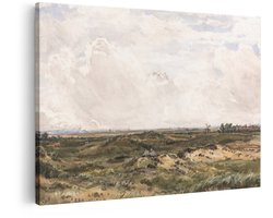 Artaza Canvas Schilderij Schilderachtig Duinlandschap met Windmolens en een Dorp onder een Dramatische Hemel - 60x40 cm - Wanddecoratie Woonkamer - Schilderijen - Muurdecoratie