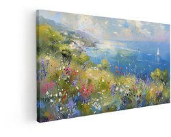 Artaza Canvas Schilderij Schilderachtig Kustlandschap met Bloemen en Zeilboot - Impressionistische Stijl - 80x40 cm - Wanddecoratie Woonkamer - Schilderijen - Muurdecoratie