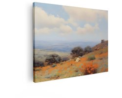Artaza Canvas Schilderij Schilderachtig Landschap met Bloeiende Klaprozen en Oude Ruïne op een Heuvel - 40x30 cm - Klein - Wanddecoratie Woonkamer - Schilderijen - Muurdecoratie