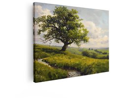 Artaza Canvas Schilderij Schilderachtig Landschap met een Oude Eik en een Kabbelend Beekje in de Zomer - 40x30 cm - Klein - Wanddecoratie Woonkamer - Schilderijen - Muurdecoratie