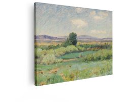 Artaza Canvas Schilderij Schilderachtig Landschap met Groene Velden en Bergen op de Achtergrond - 80x60 cm - Wanddecoratie Woonkamer - Schilderijen - Muurdecoratie