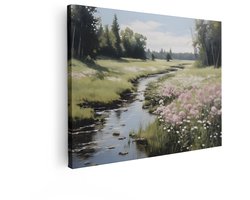 Artaza Canvas Schilderij Schilderachtig Landschap met Kabbelend Beekje en Bloeiende Weide in de Zomer - 40x30 cm - Klein - Wanddecoratie Woonkamer - Schilderijen - Muurdecoratie