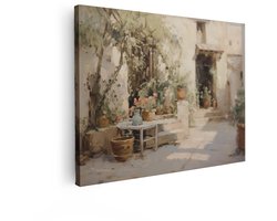 Artaza Canvas Schilderij Schilderachtig Mediterraan Binnenplaatsje met Bloeiende Rozen en Terracotta Potten - 40x30 cm - Klein - Wanddecoratie Woonkamer - Schilderijen - Muurdecoratie