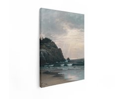 Artaza Canvas Schilderij Schilderachtig Strandlandschap met Rotsachtige Kustlijn en Golven bij Zonsondergang - 90x120 cm - Groot - Wanddecoratie Woonkamer - Schilderijen - Muurdecoratie