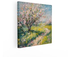 Artaza Canvas Schilderij Schilderachtige Bloeiende Boomgaard met een Pad door het Gras in de Lente - 40x40 cm - Wanddecoratie Woonkamer - Schilderijen - Muurdecoratie