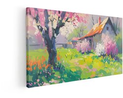 Artaza Canvas Schilderij Schilderachtige Lente in de Tuin met Bloeiende Bomen en een Huis - 120x60 cm - Groot - Wanddecoratie Woonkamer - Schilderijen - Muurdecoratie